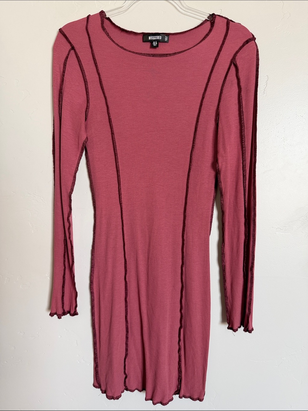 Missguided Rose Pink Long Sleeve Ribbed Seam Dress